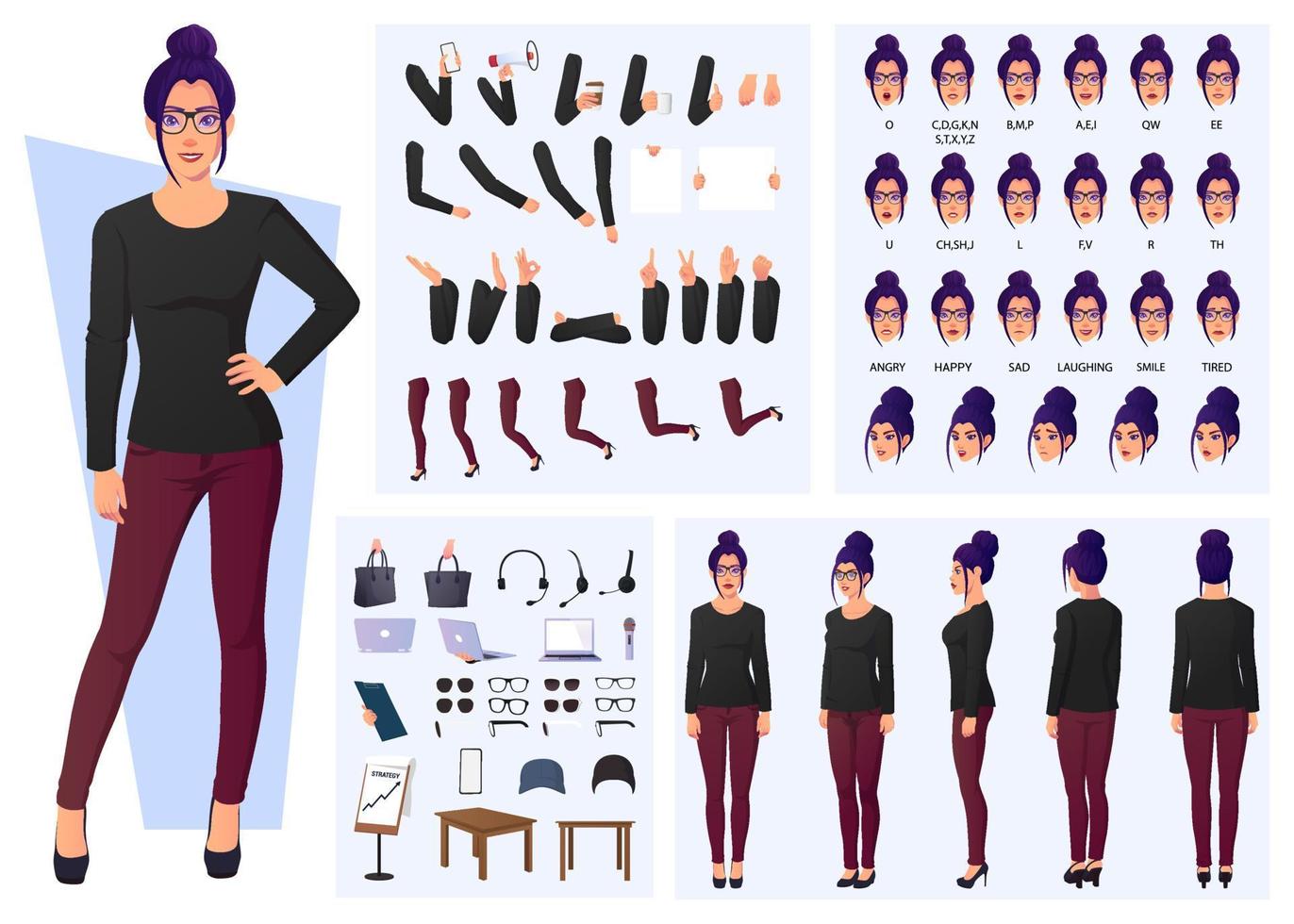 Conjunto de diseño de personajes de mujer de moda, vista frontal, lateral, posterior, poses y gestos ilustración de diseño plano vector