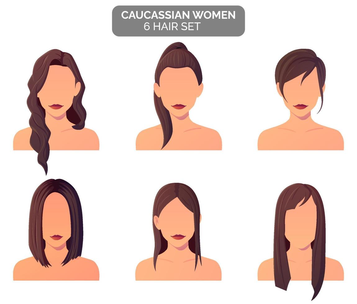 Women brown Hairstyle Collection, strait, wavy hair premium vector Vector