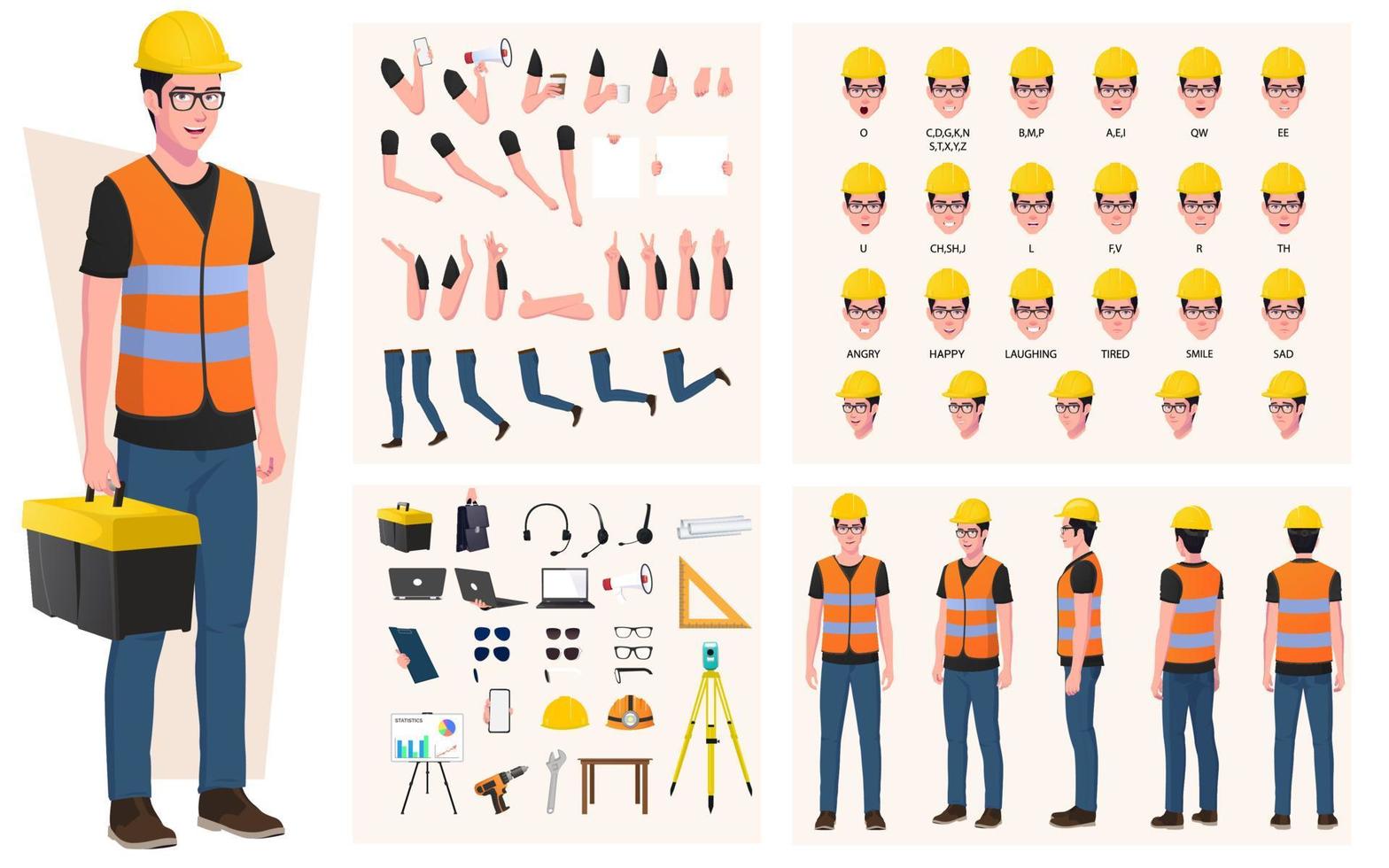 obrero de la construcción, paquete de creación de personajes de ingeniero, con herramientas, equipos, gestos y expresiones faciales. vector