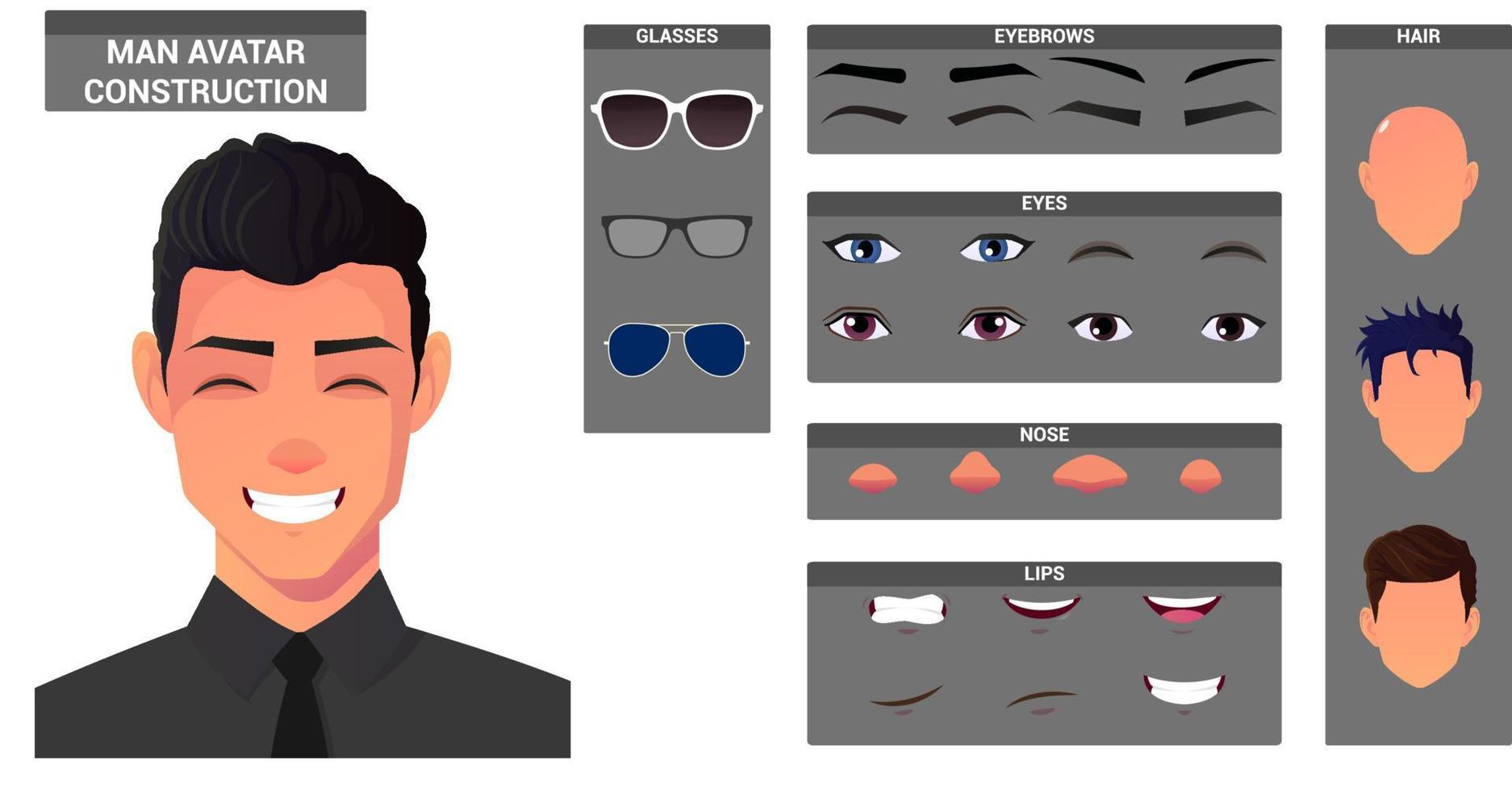 conjunto de construcción de rostros y creación de personajes. caucásico vistiendo camisa y corbata hombre cabello, ojos, labios y paquete de cabeza para el archivo vectorial de creación de avatar. vector