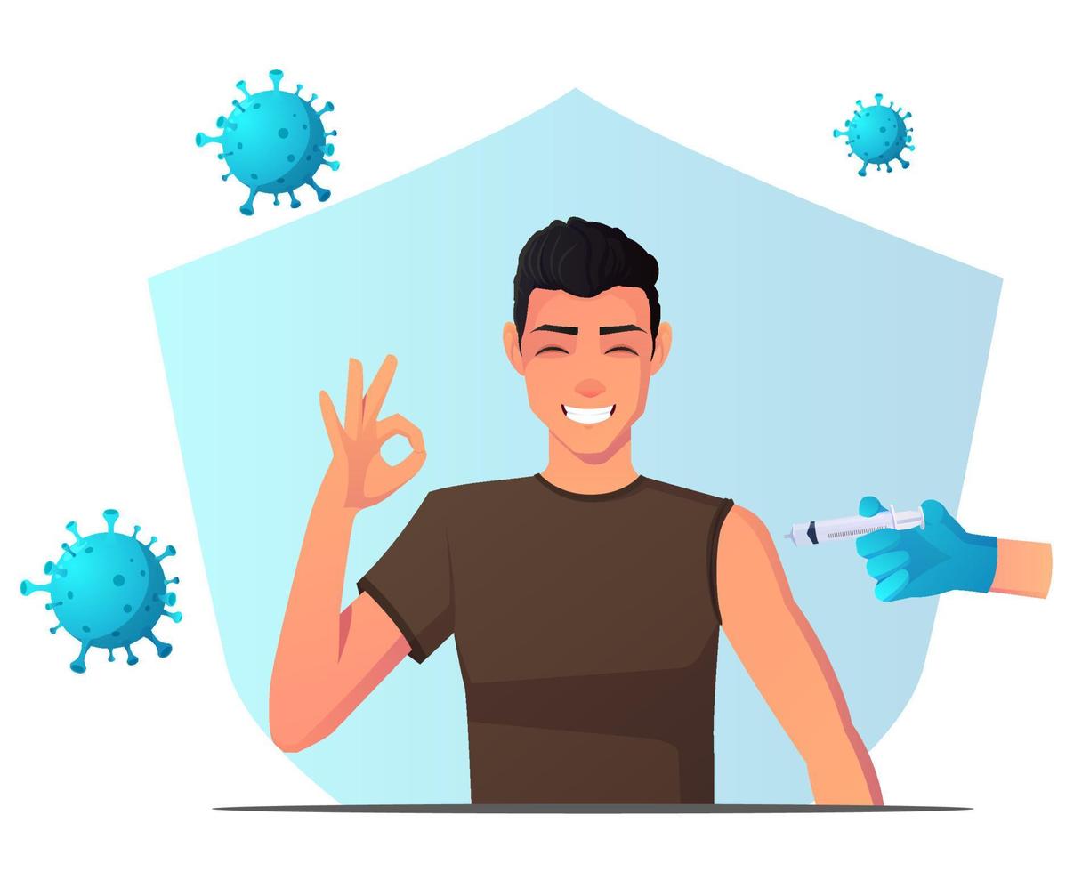 Man Receiving Vaccine And Developing Immunity And Protected From Virus, with an okay hand sign. Premium Vector. design vector