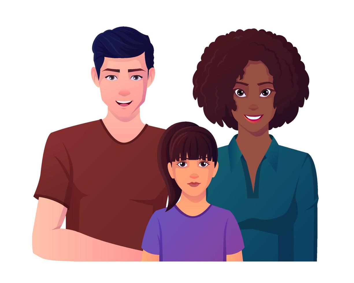 Interracial Couple and Family With Caucasian Dad, Black African Mother, And Mixed Child Illustration. design vector