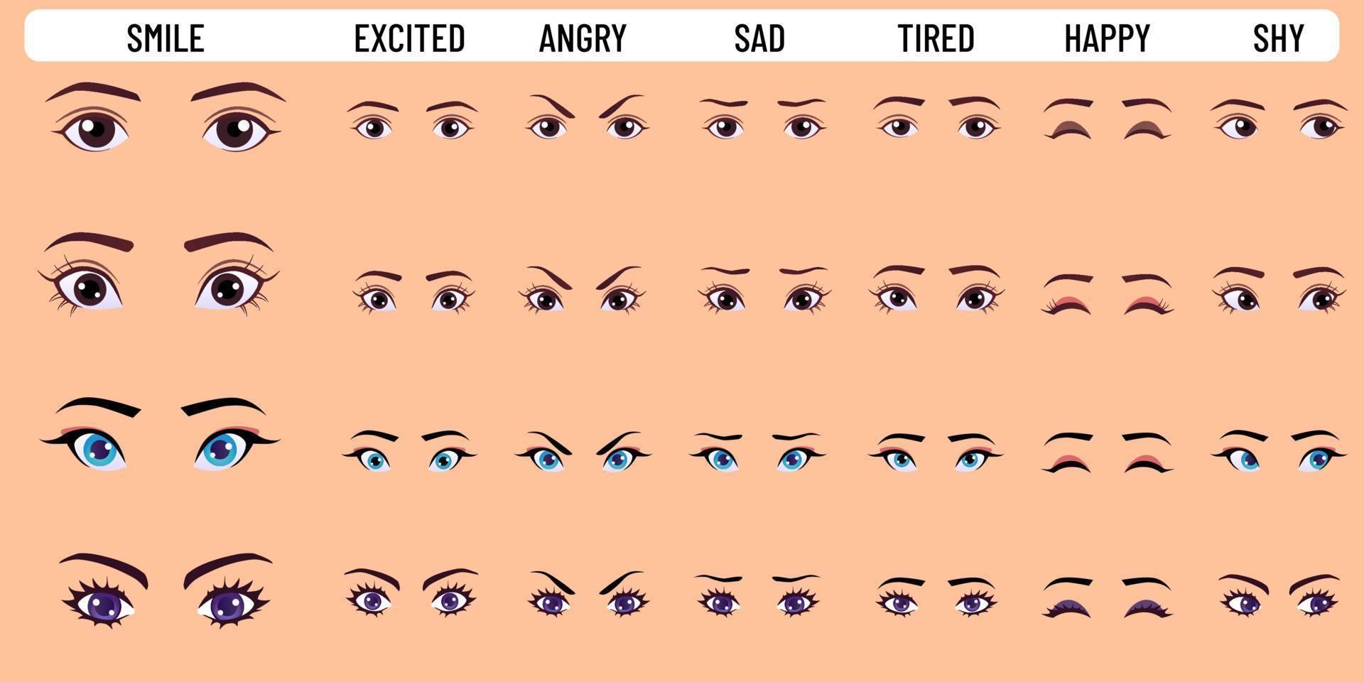 colección de ojos de mujer de dibujos animados que expresa diferentes emociones vector