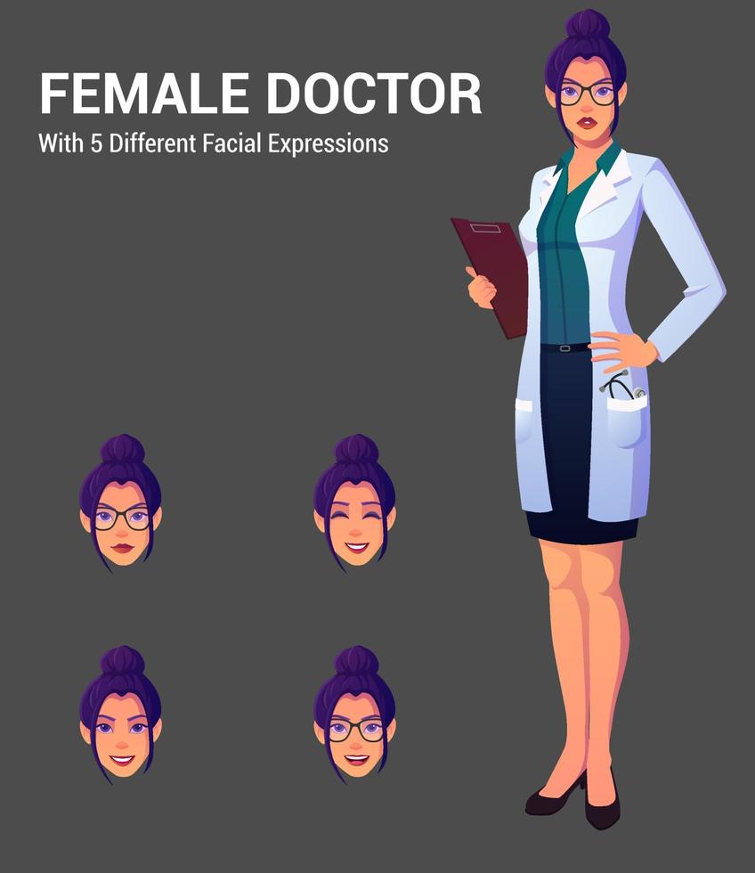 hermosa doctora con 5 expresiones, vistiendo una bata de laboratorio y sosteniendo un portapapeles vector