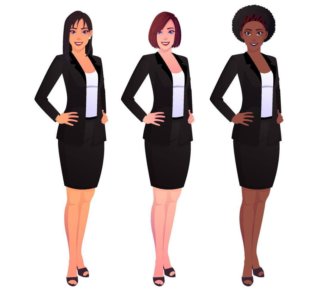 Equipo de hermosas mujeres empresarias con la mano en la cintura, ilustración vectorial plana premium aislada. vector