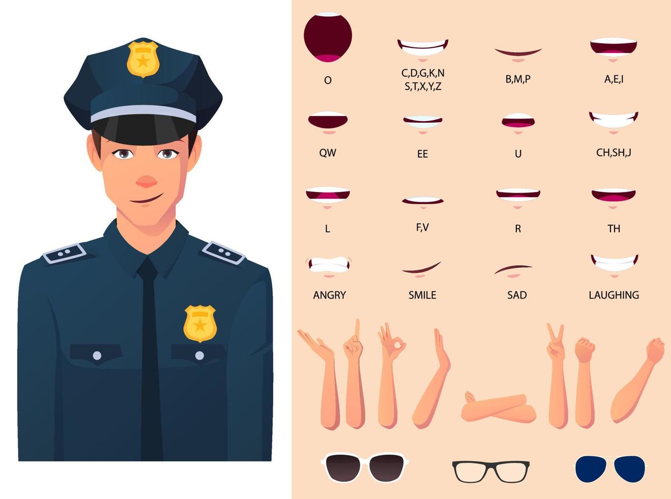 paquete de animación de boca de oficial de policía con gesto de mano vector