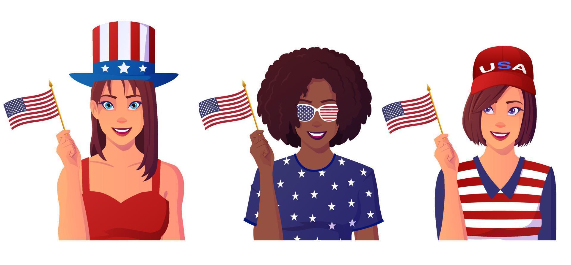 Mujeres multiculturales con la bandera de los Estados Unidos, personas con sombrero y tela estadounidenses celebrando el 4 de julio. vector