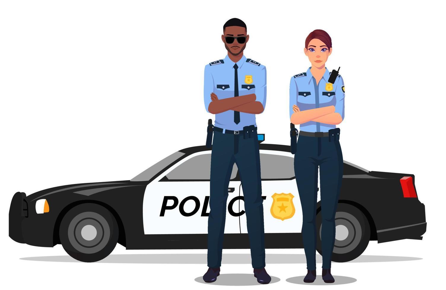 Policía masculino y femenino de pie junto al coche de policía, policía y mujer policía en uniforme ilustración vector