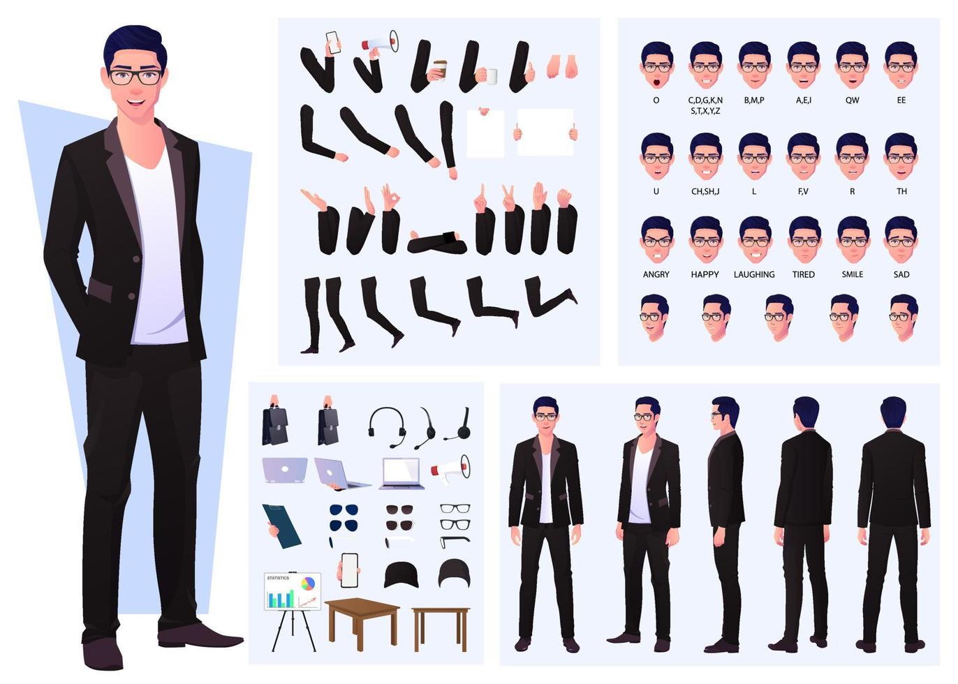 constructor de personajes con hombre de negocios vestido con traje y gafas, gestos con las manos, emociones y diseño de sincronización de labios vector