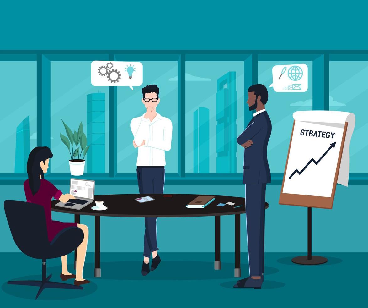 Team working together on a business plan around a round table and brain storming startup ideas. Flat Vector Illustration.