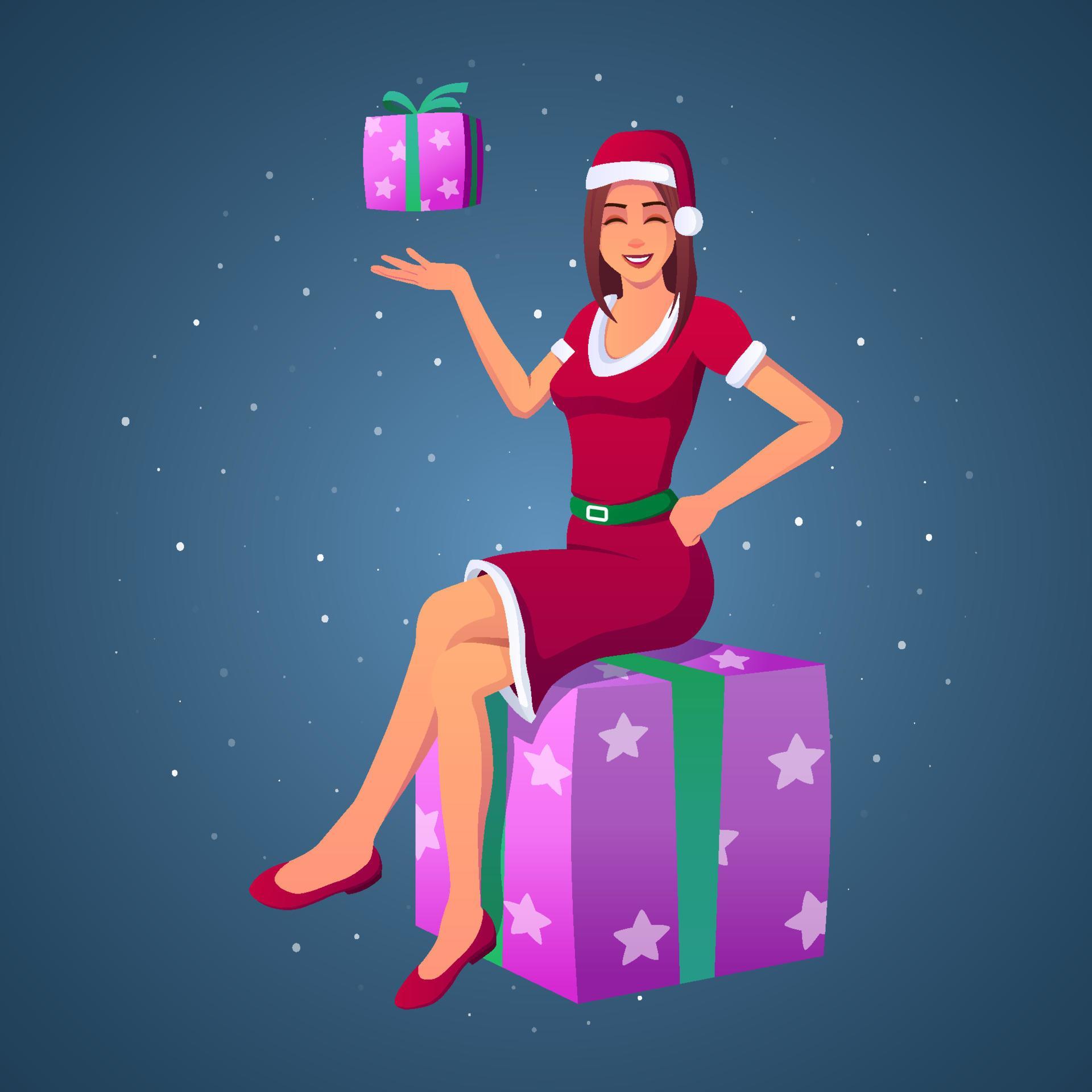 Woman Dressed In Santa Claus Costume Sitting On T Box And Holding Magic T Premium Vector