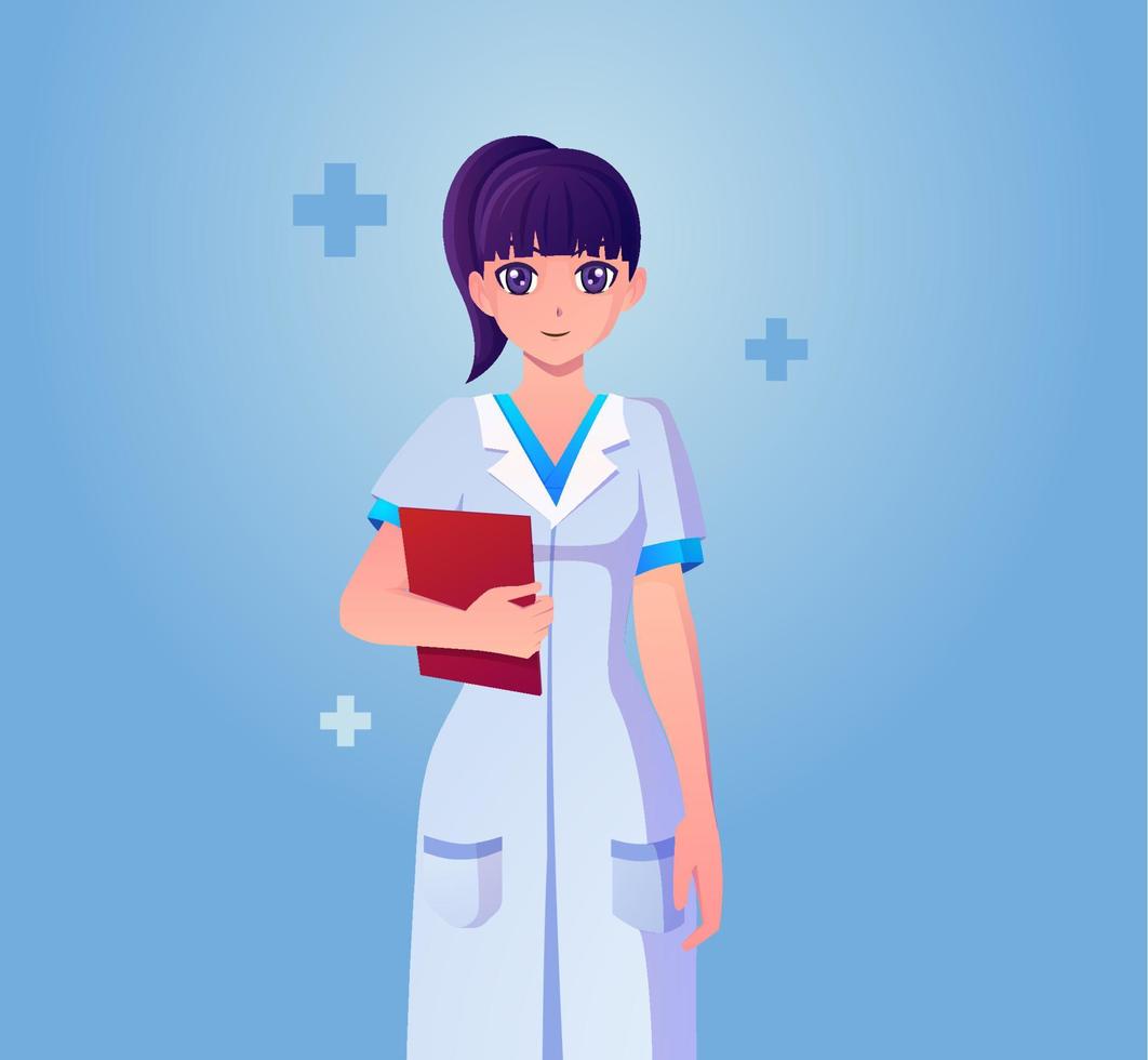 Happy anime cute female medical doctor holding a folder Premium Vector illustration