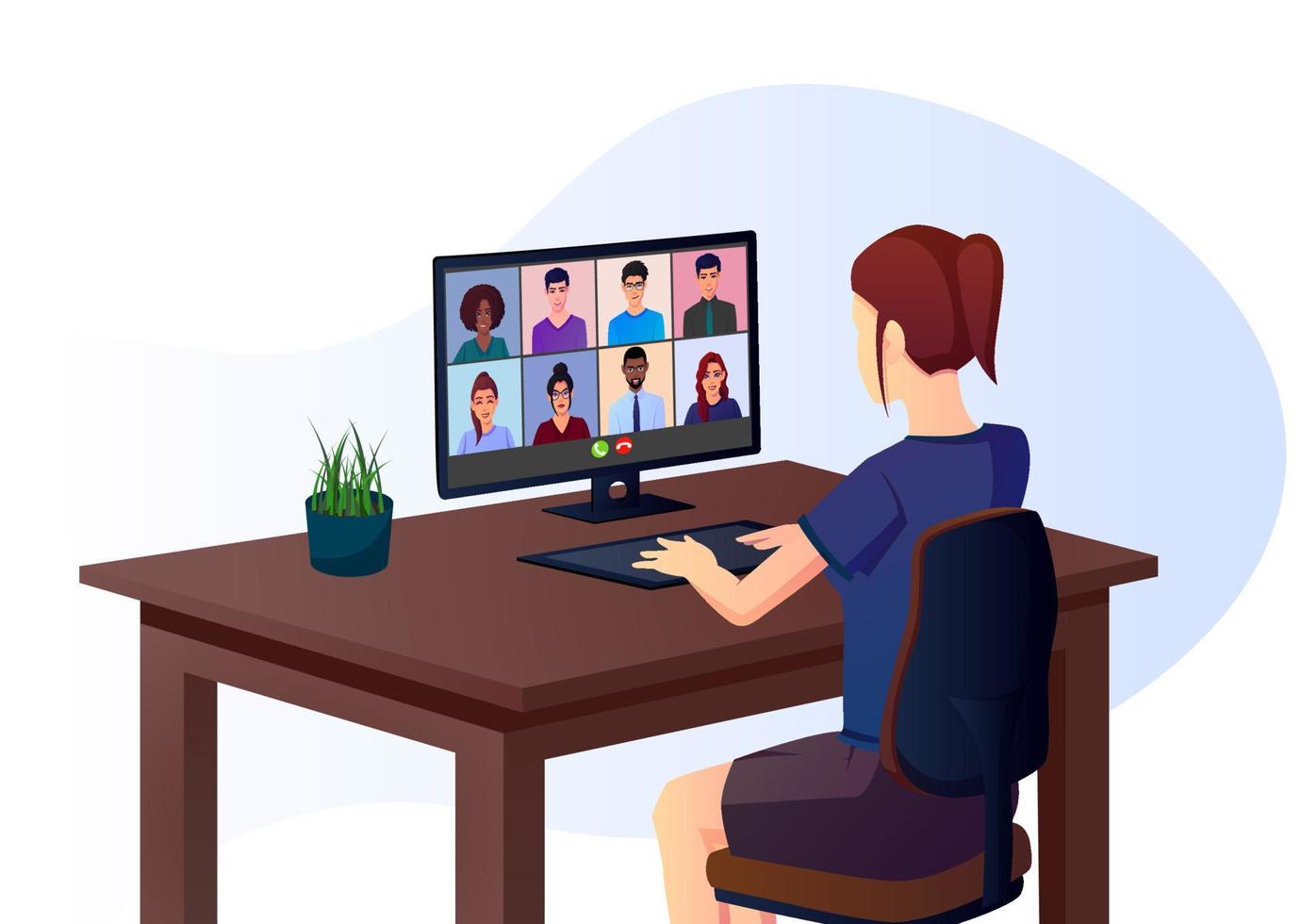 Girl attending online metting through group call Premium Vector illustration