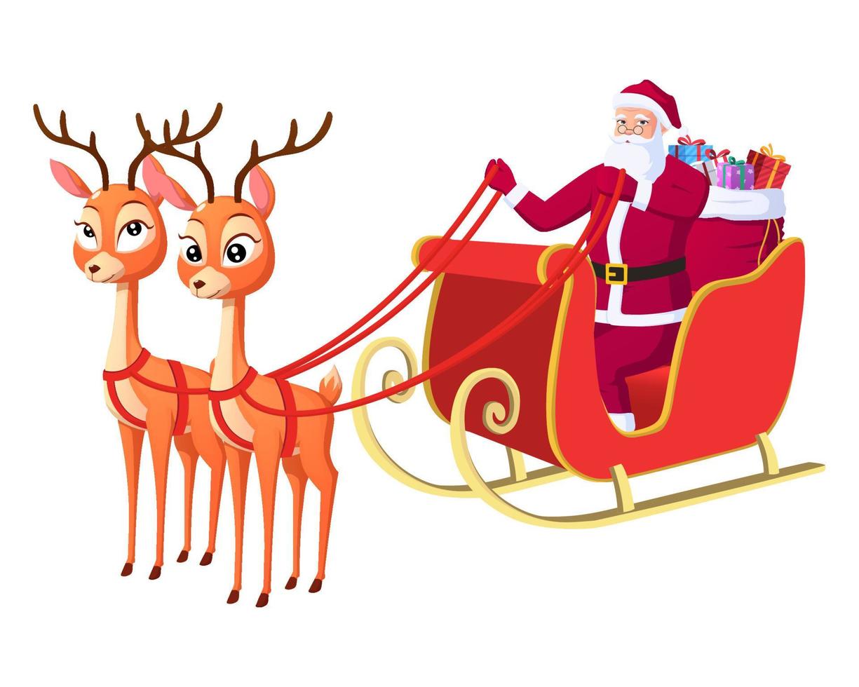 Santa Claus Riding Sleigh With Reindeer and Gift Bag Isolated Vector Illustration