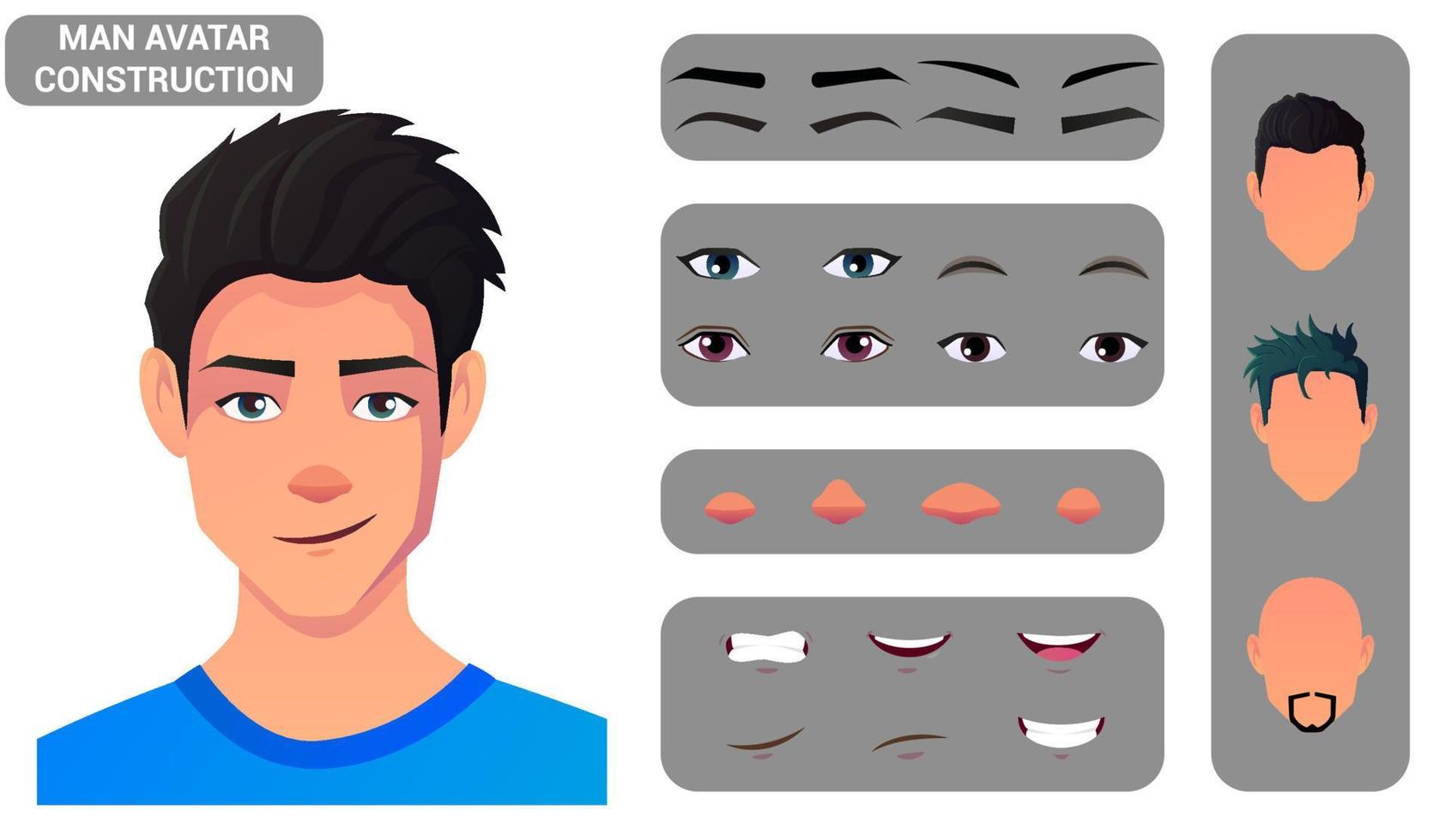 Caucasian Man Face Construction And Character Creation Set. Hair, Eyes, Lips, and Head Pack for Avatar Creation Vector file. design