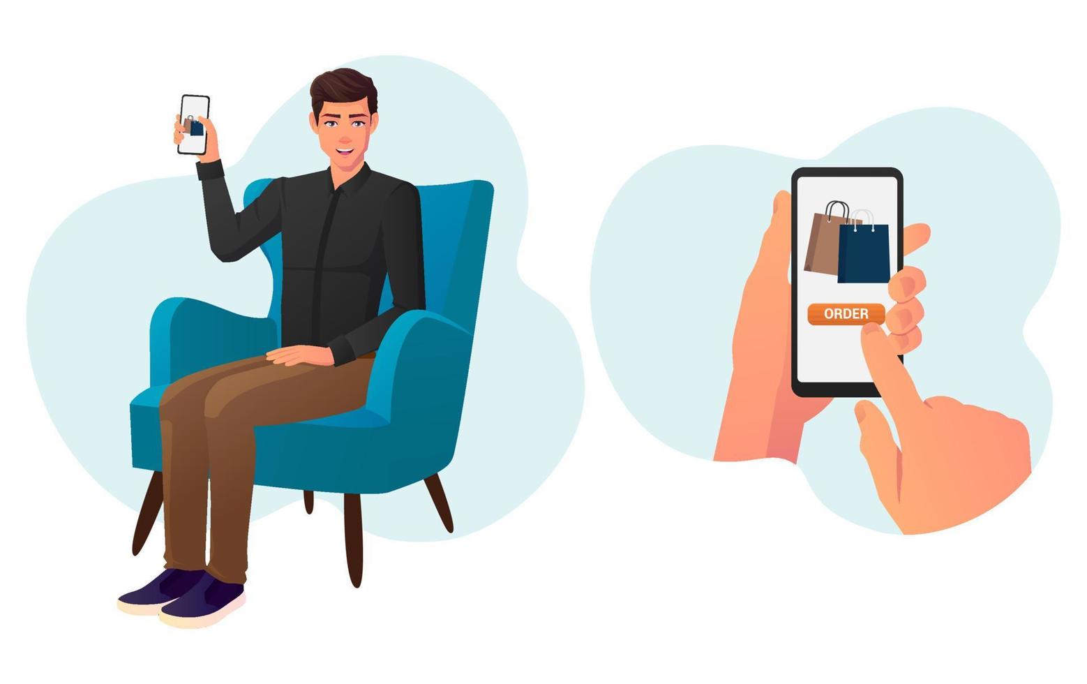Man ordering Online Using Mobile Phone And Internet. Buy online From Home Concept Vector illustration.