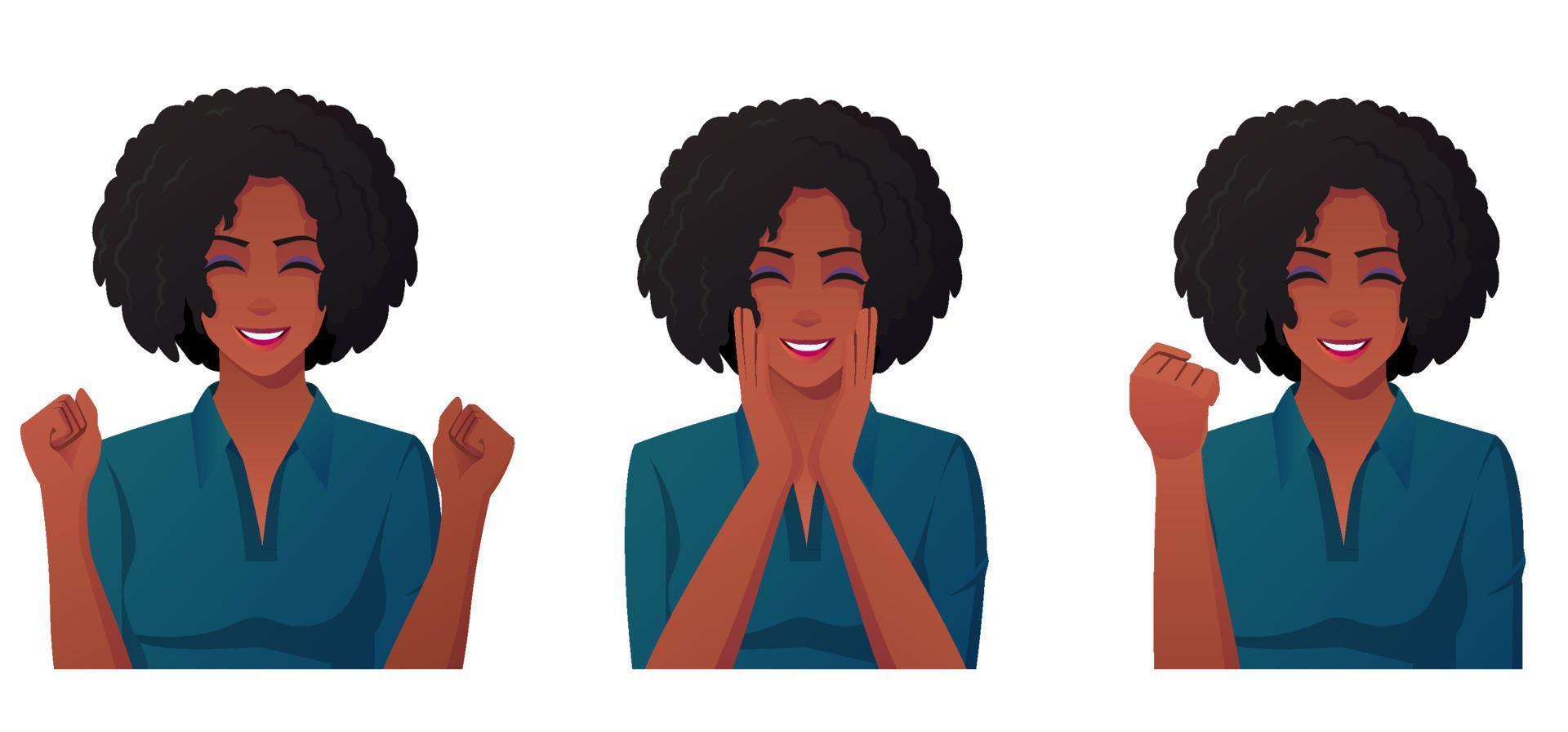 Feliz mujer afroamericana emocionada y sonriente, celebrando el éxito de la mujer. vector