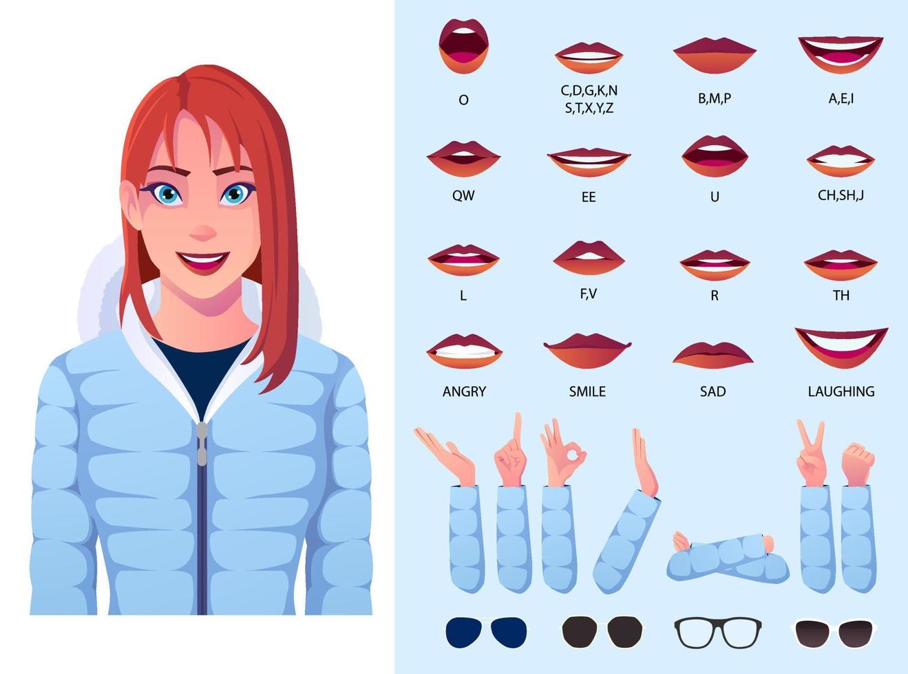 animación de boca con mujer con chaqueta de invierno, sincronización de labios e ilustración de gestos con las manos vector