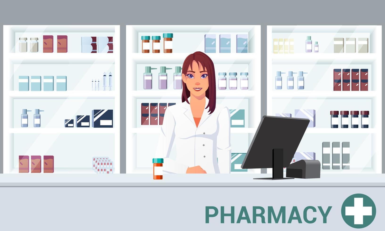 Pharmacist Infront of Shelf in a Pharmacy Flat Cartoon Illustration design vector