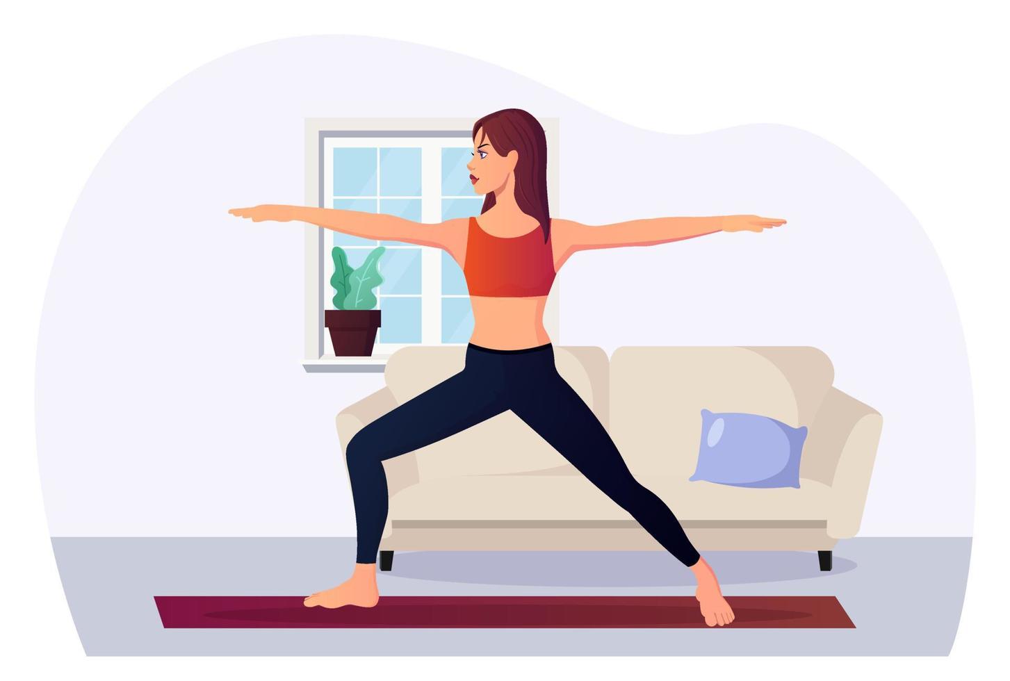 mujer fitness en posición de yoga guerrero 2 en el interior ilustración vectorial premium vector