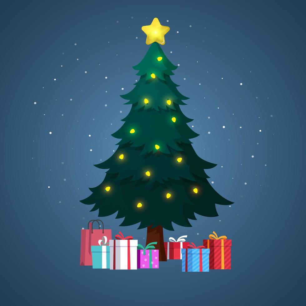 árbol de navidad decorado con estrella, bombillas y caja de regalo alrededor de la ilustración vector