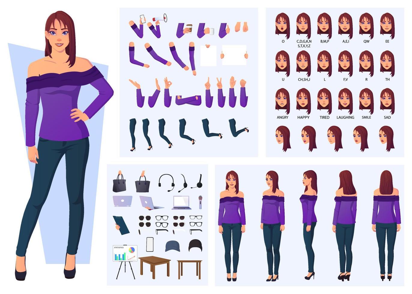 conjunto de ilustraciones vectoriales de dibujos animados para la creación de personajes femeninos de moda con diseño de vista frontal, lateral y posterior vector