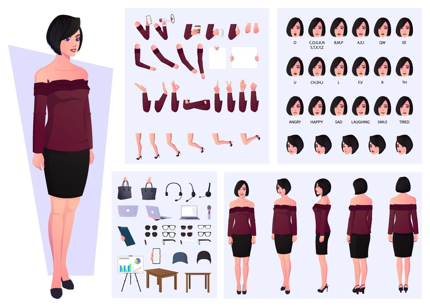 Casual Woman Character Set with Emotions, Expressions, Gestures, and Lip sync design vector