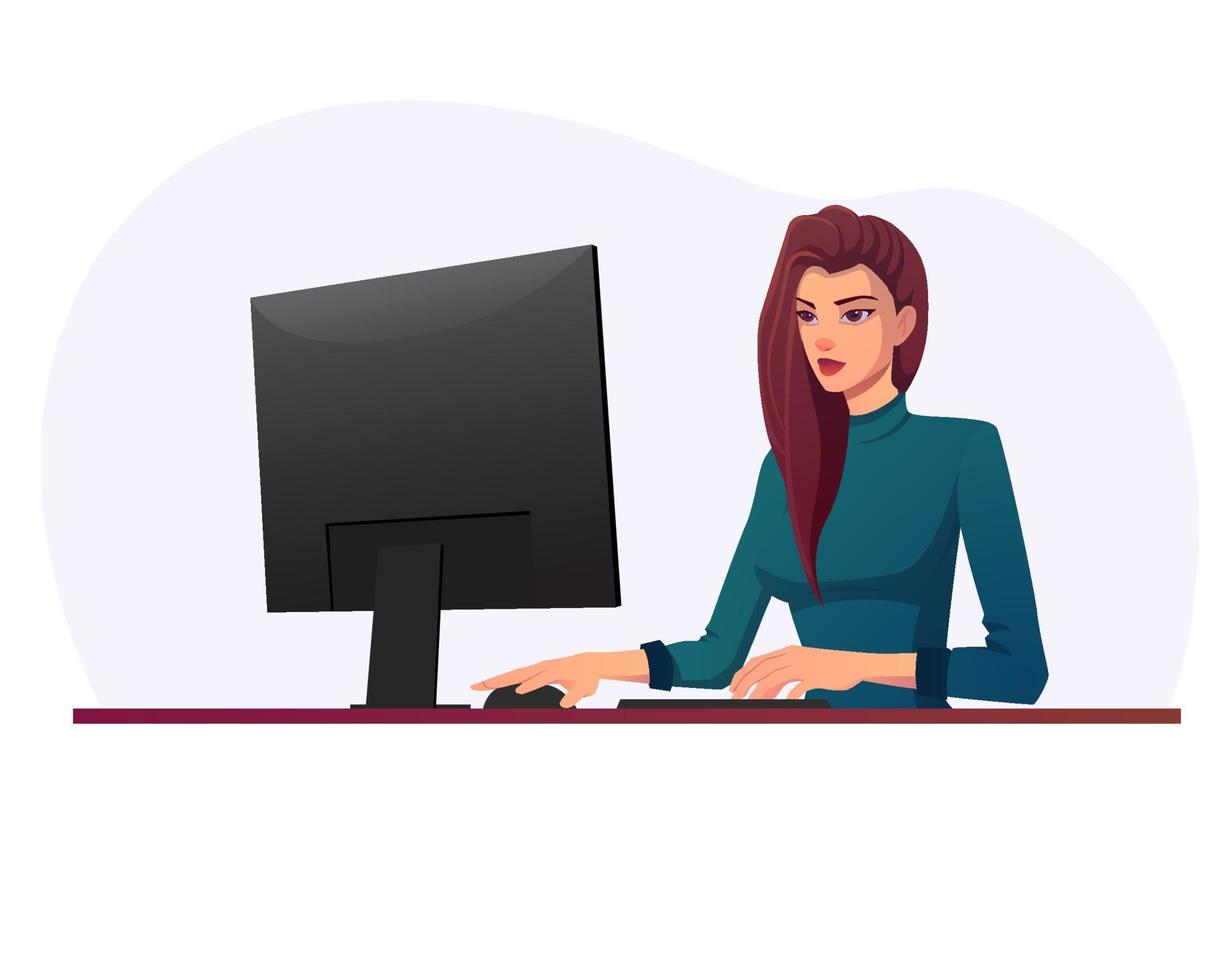 Beautiful young woman working on a computer desk and looking at monitor Premium Vector illustration