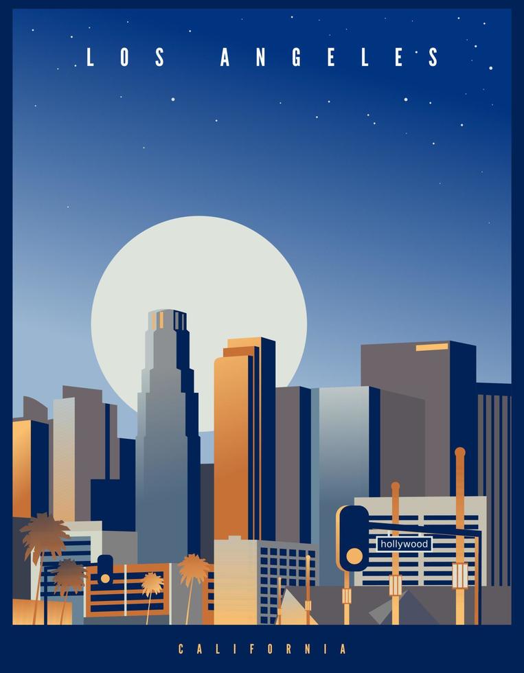 Horizonte de Los Ángeles con una gran luna llena y un cielo estrellado de fondo. ilustración vectorial de estilo retro. California, EE.UU vector