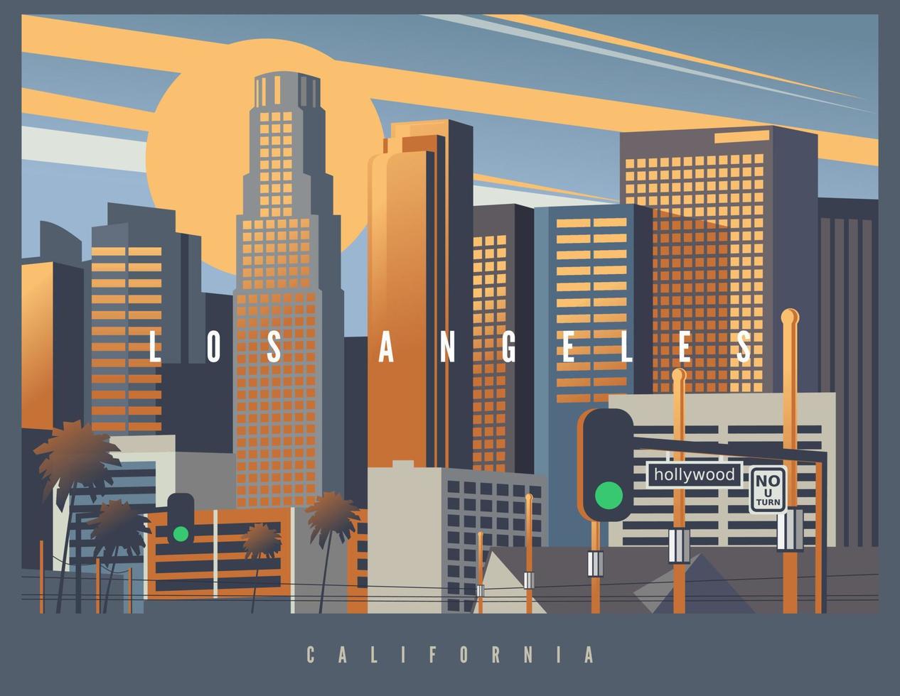Cityscape of Los Angeles during the golden hour, vector illustration. Stylized skyline LA, California, USA
