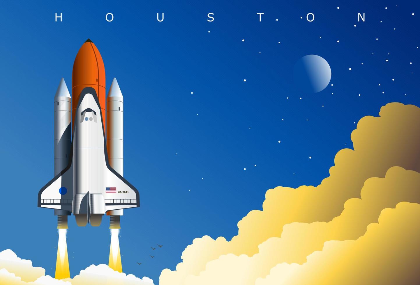 Lanzamiento del transbordador espacial americano, ilustración simbólica, houston, tx, estados unidos. Póster de arte conceptual dedicado a la exploración espacial y el programa espacial de EE. UU. vector