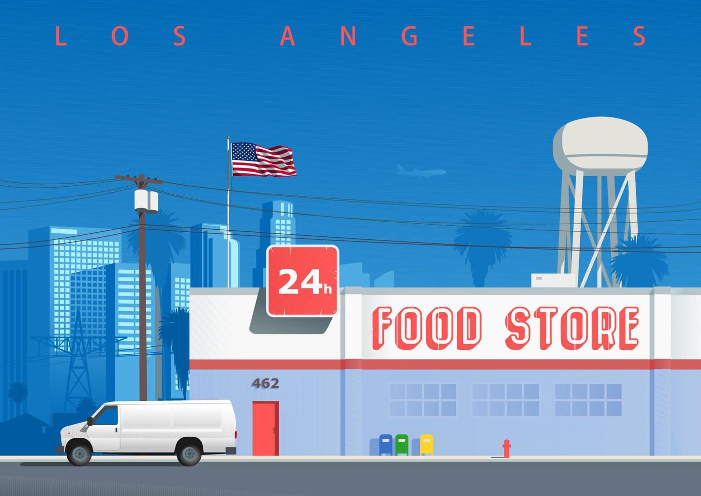 una calle en el barrio de los angeles. Ilustración simbólica con el edificio de una tienda de alimentos, una torre de agua, el horizonte de la ciudad, un poste de electricidad y un vagón de carga estacionado en la calle, no una imagen derivada vector