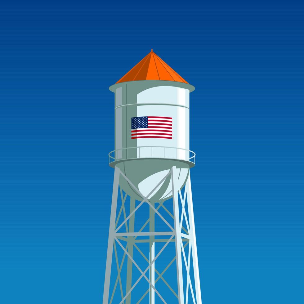 una torre de agua con la bandera estadounidense dibujada en ella. Composición minimalista con el cielo azul claro de fondo, ilustración vectorial vector