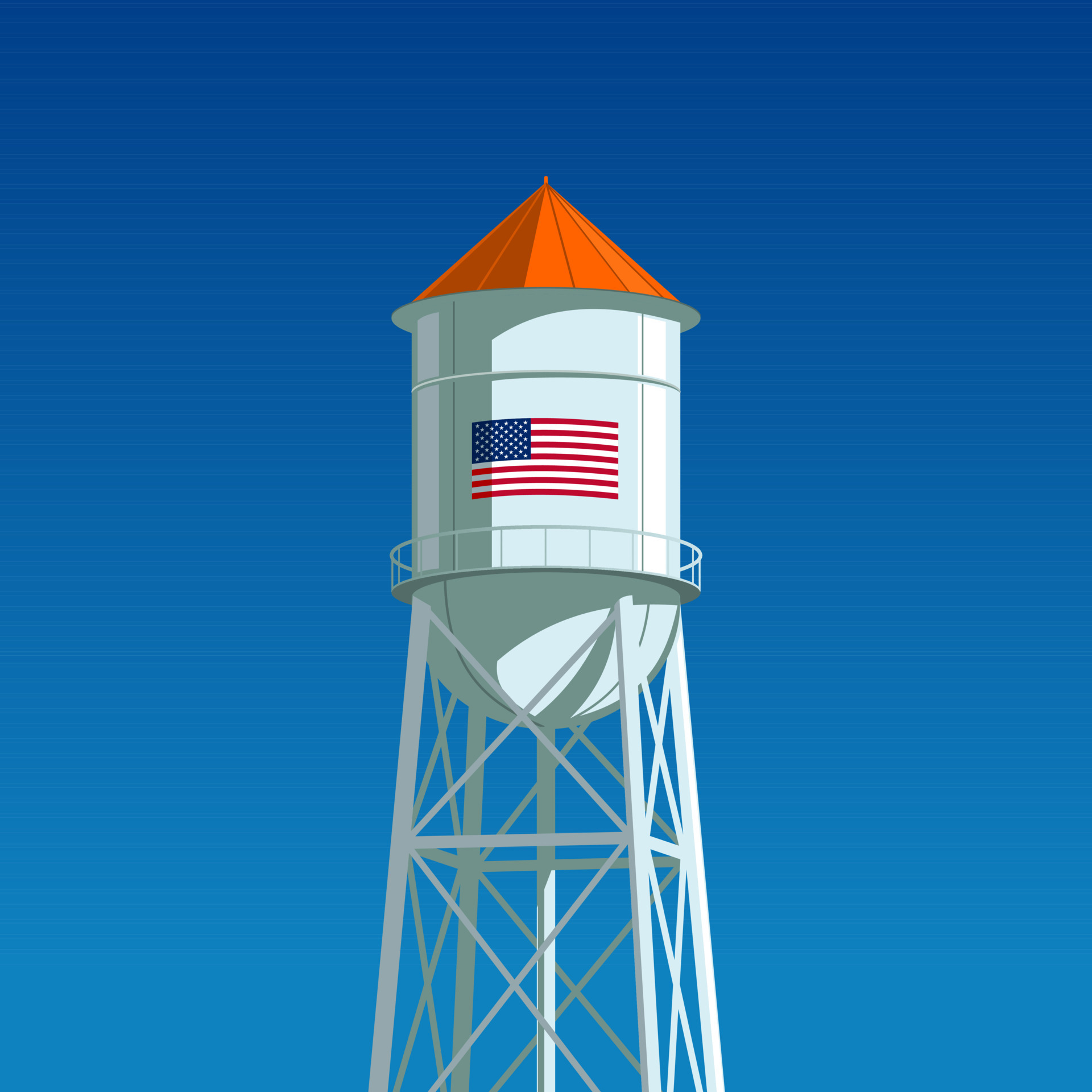 A water tower with the US flag drawn on it. Minimalistic composition