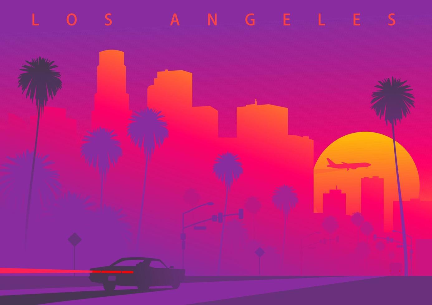 paisaje urbano de los ángeles durante la puesta de sol con el enorme sol. un coche se dirige hacia el centro de la. ilustración vectorial colorida, imagen original, no derivada vector