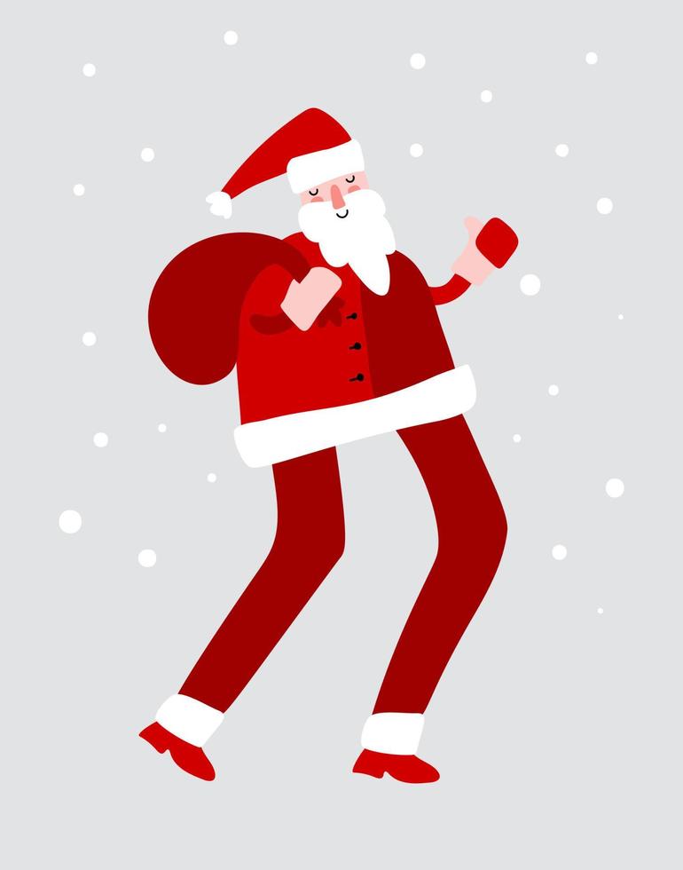 vector dibujado a mano santa claus corriendo con bolsa de regalo roja divertida tarjeta de felicitación de ilustración de tiempo de feliz navidad, bolsa de muchos regalos sorpresa aislados sobre fondo gris nieve
