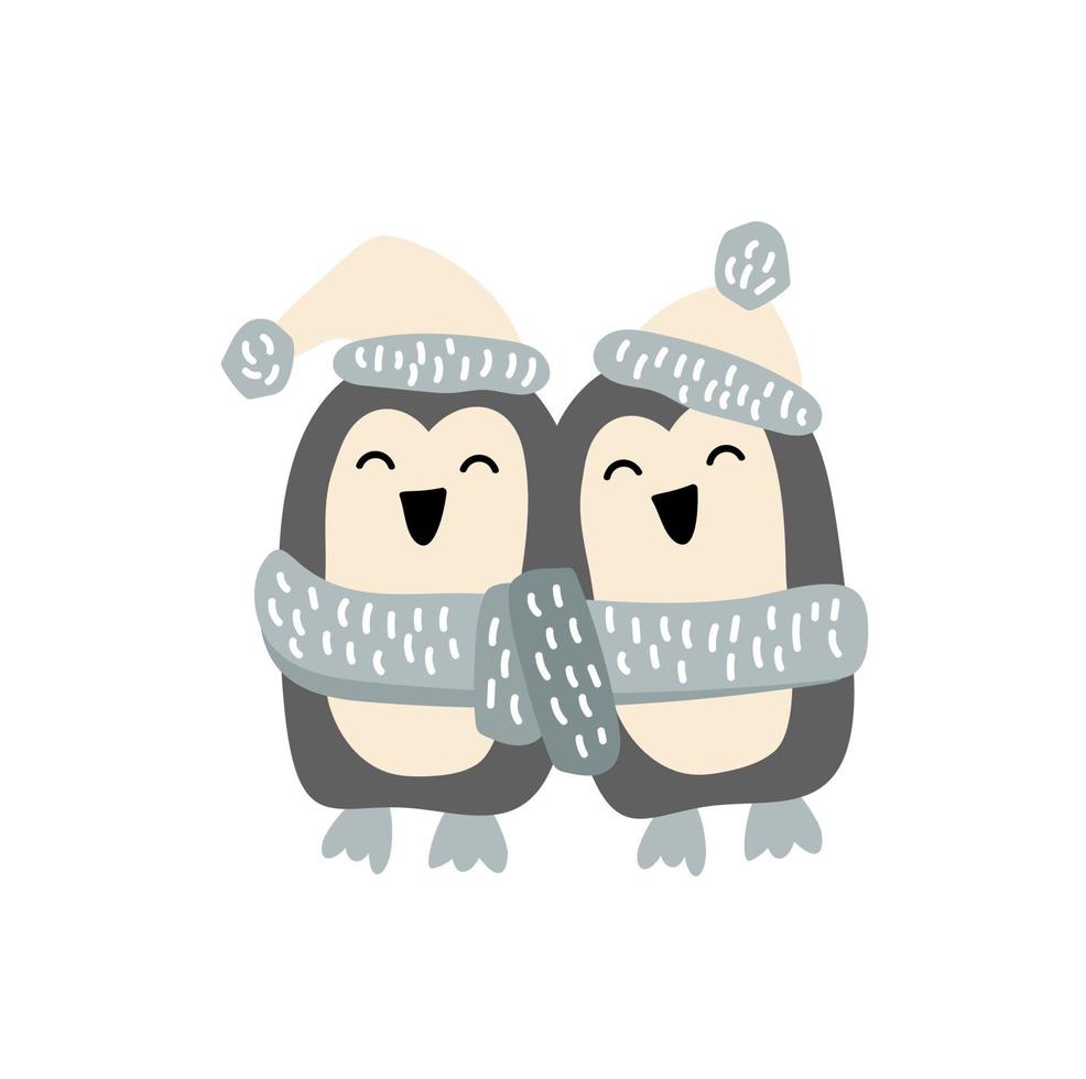 lindo vector de navidad dibujado a mano dos pingüinos. Ilustración de invierno escandinavo para camiseta de bebé de guardería, ropa para niños, invitación. diseño infantil simple
