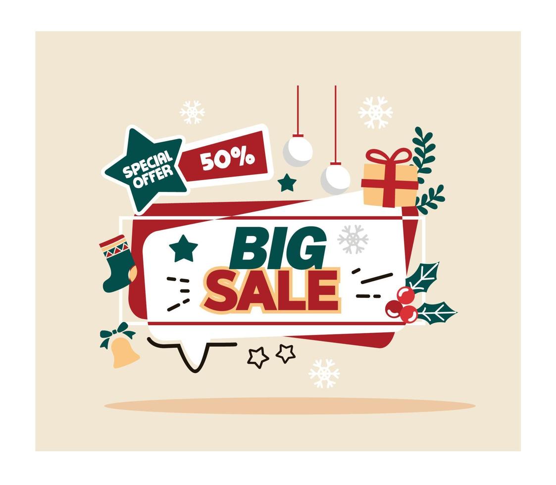 Christmas sale vector, promotional banner with gifts and decorations. Winter holiday discounts and sales in shops and stores. gift flower with ribbon and bow. Proposals in the market for clients vector