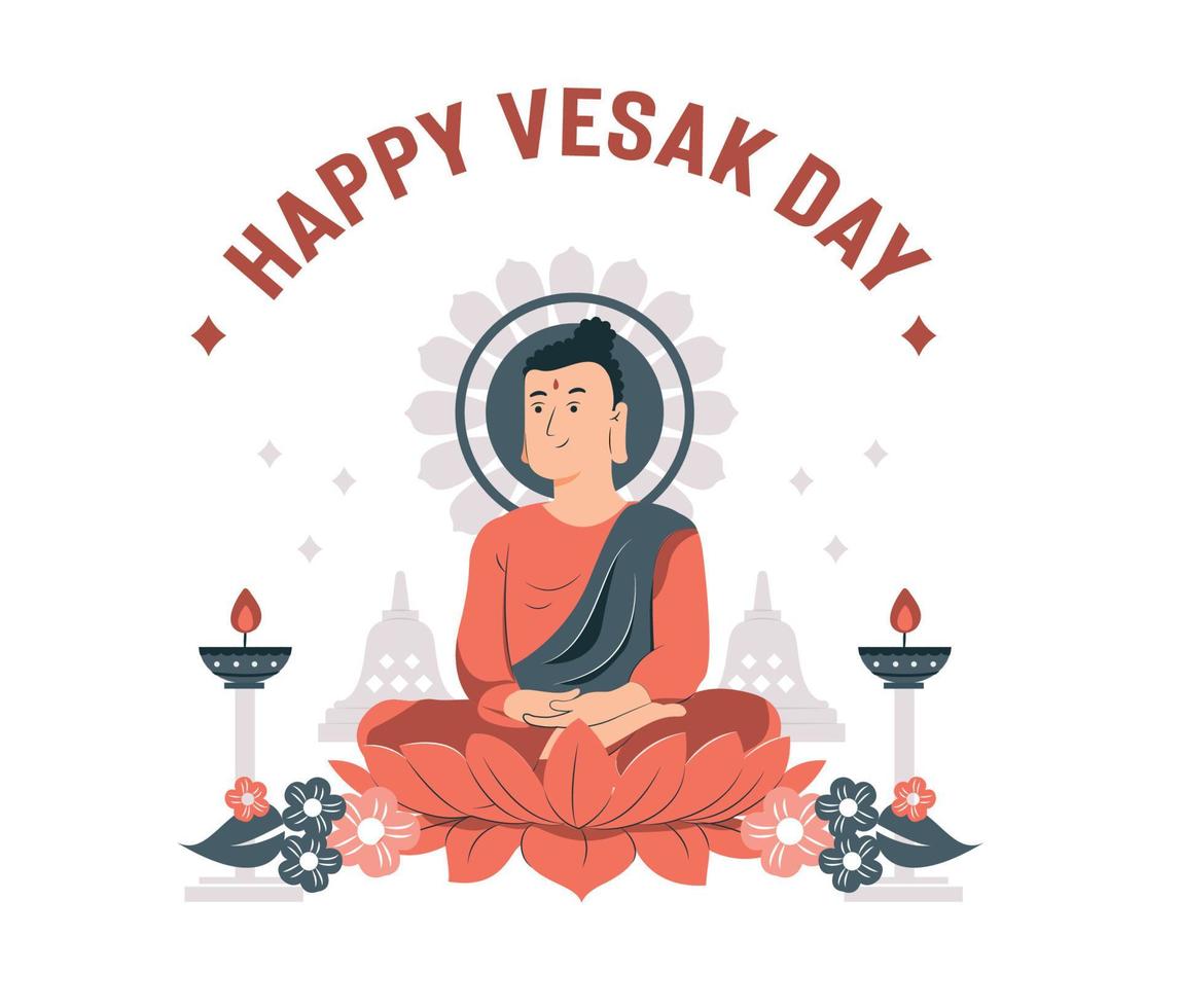 día vesak con templo de fondo y ornamentales vector