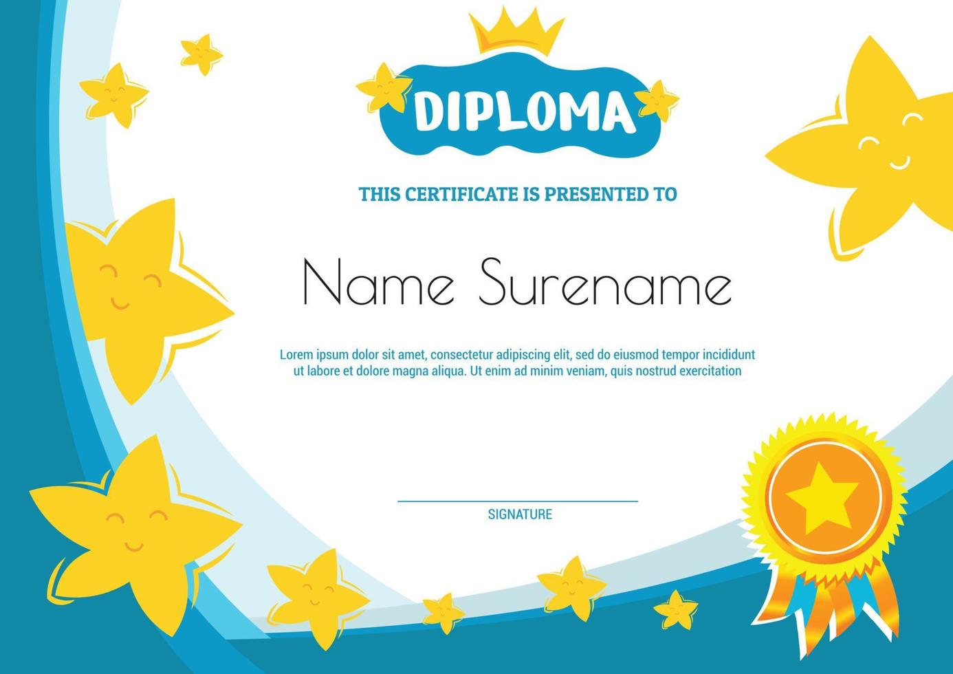School diploma template certificate for kids with stars and crown vector