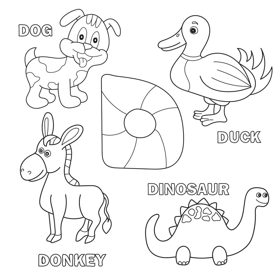 Kids alphabet coloring book page with outlined clip arts. Letter D