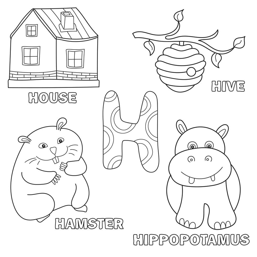 Kids alphabet coloring book page with outlined clip arts. Letter H vector