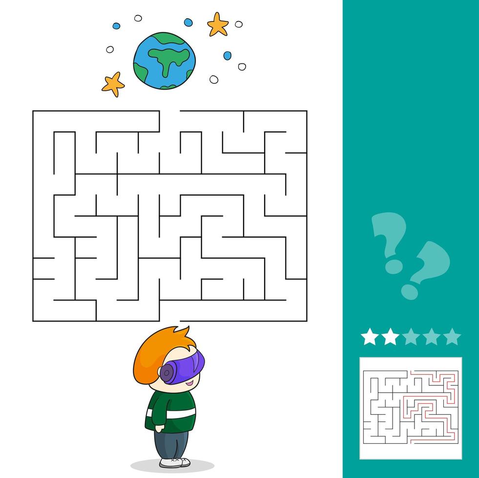Boy with VR headset in space. Maze games find the path. vector