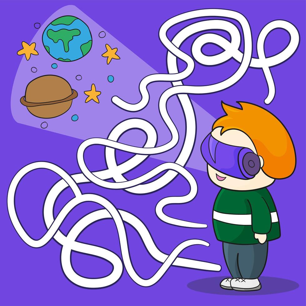 Boy with VR headset in space. Maze games find the path. vector