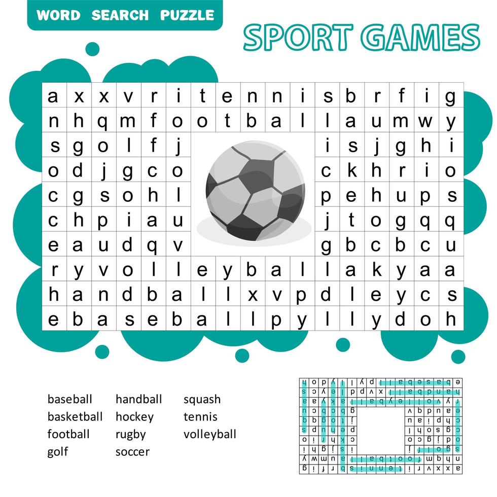 Rompecabezas de búsqueda de palabras temáticas de juegos deportivos para niños. respuesta incluida. vector