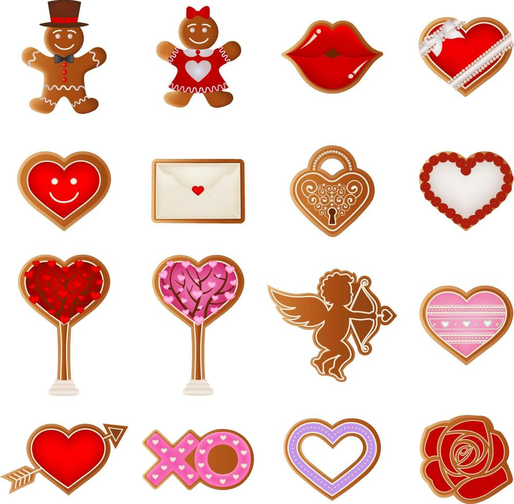 Conjunto de galletas de jengibre de San Valentín aisladas vector