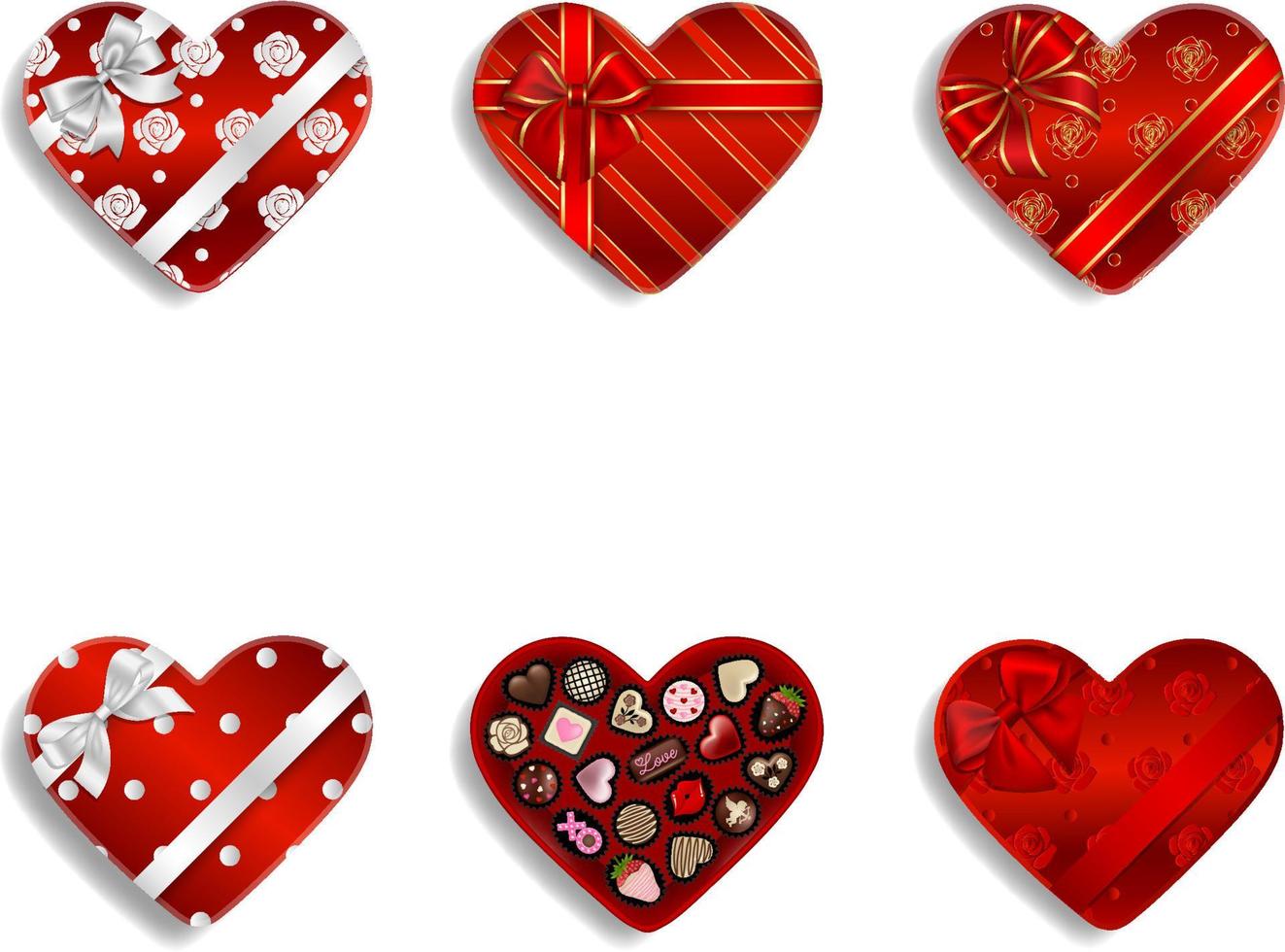 set of red heart shaped chocolate boxes. valentine's day gift boxes with chocolates vector