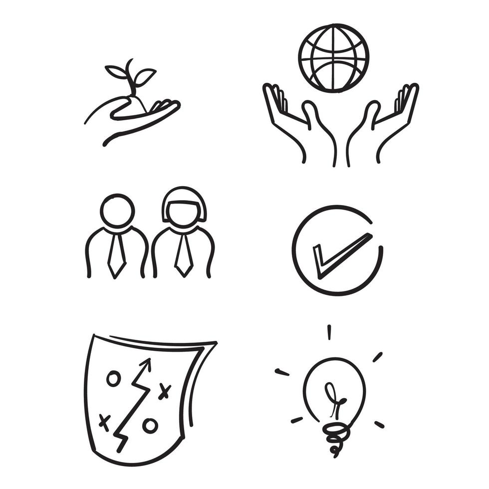 hand drawn Core Values symbol illustration. doodle Mission, integrity value icon set with vision, honesty, passion icon set. vector