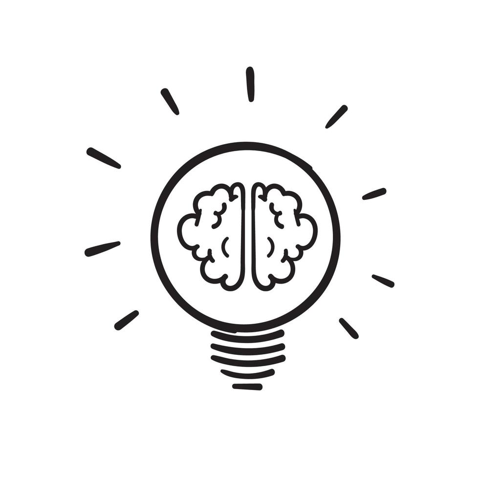 hand drawn Creative idea doodle line icon. Brain in light bulb vector ...