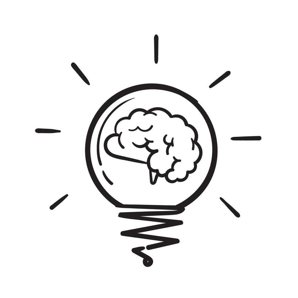 hand drawn Creative idea doodle line icon. Brain in light bulb vector ...